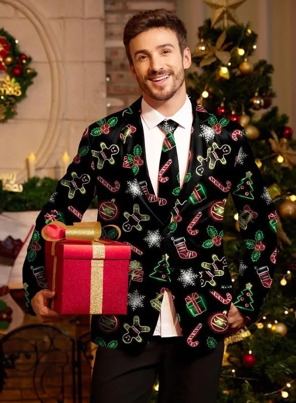Arvilhill Men's Christmas Blazer with Tie - Ugly X-Mas Festive Jacket - Christmas Theme Party Suit for Men (S-XXL)