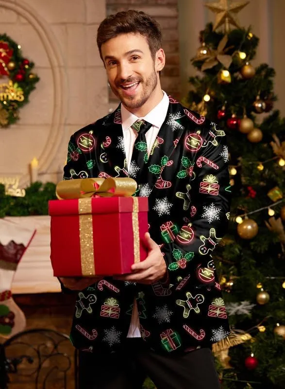 Arvilhill Men's Christmas Blazer with Tie - Ugly X-Mas Festive Jacket - Christmas Theme Party Suit for Men (S-XXL)