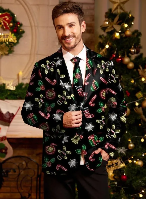 Arvilhill Men's Christmas Blazer with Tie - Ugly X-Mas Festive Jacket - Christmas Theme Party Suit for Men (S-XXL)