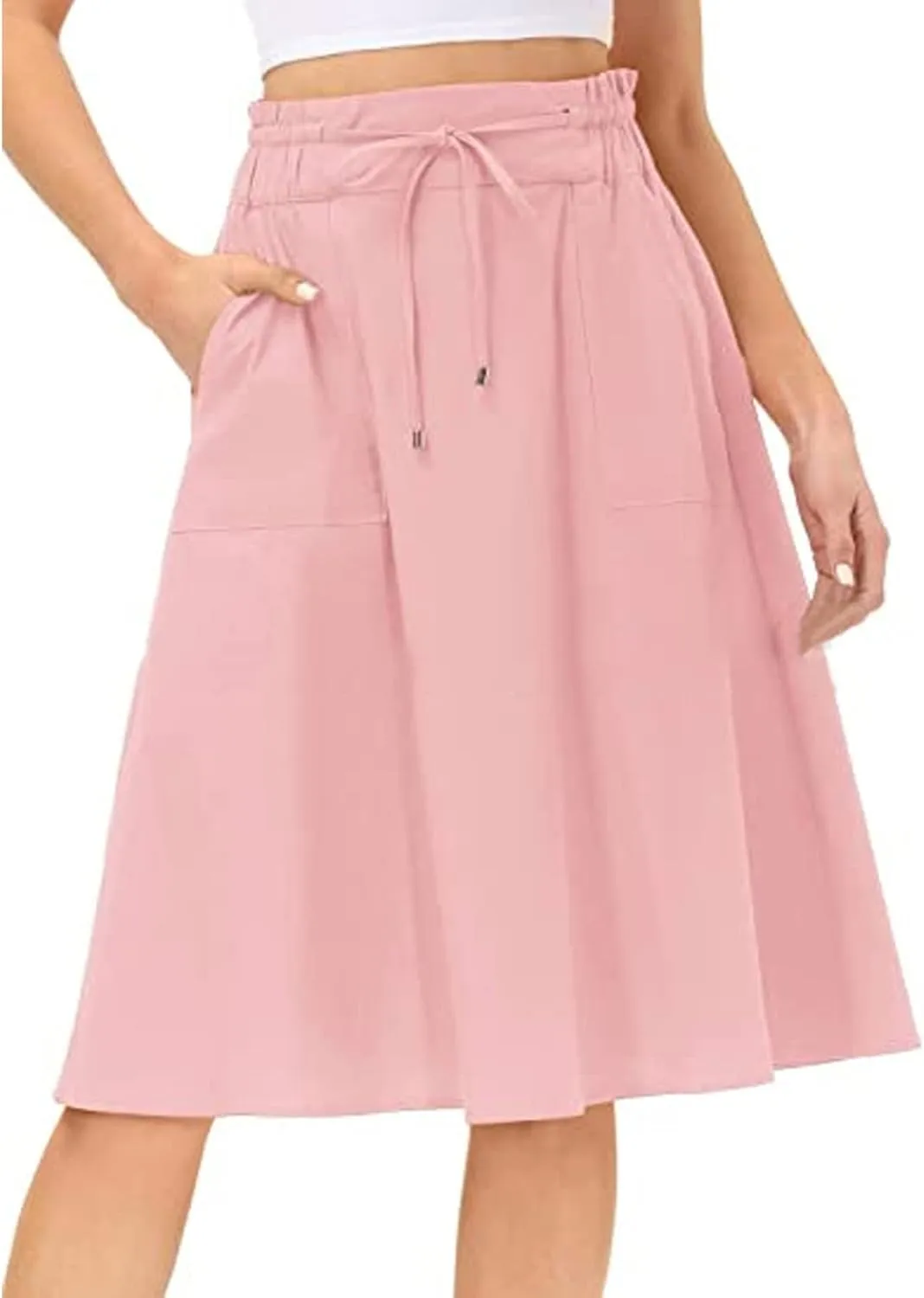 ASHER FASHION Womens Drawstring Midi Skirt Elegant High Waist Pleated A Line Skirt with Pockets