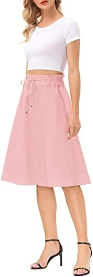 ASHER FASHION Womens Drawstring Midi Skirt Elegant High Waist Pleated A Line Skirt with Pockets
