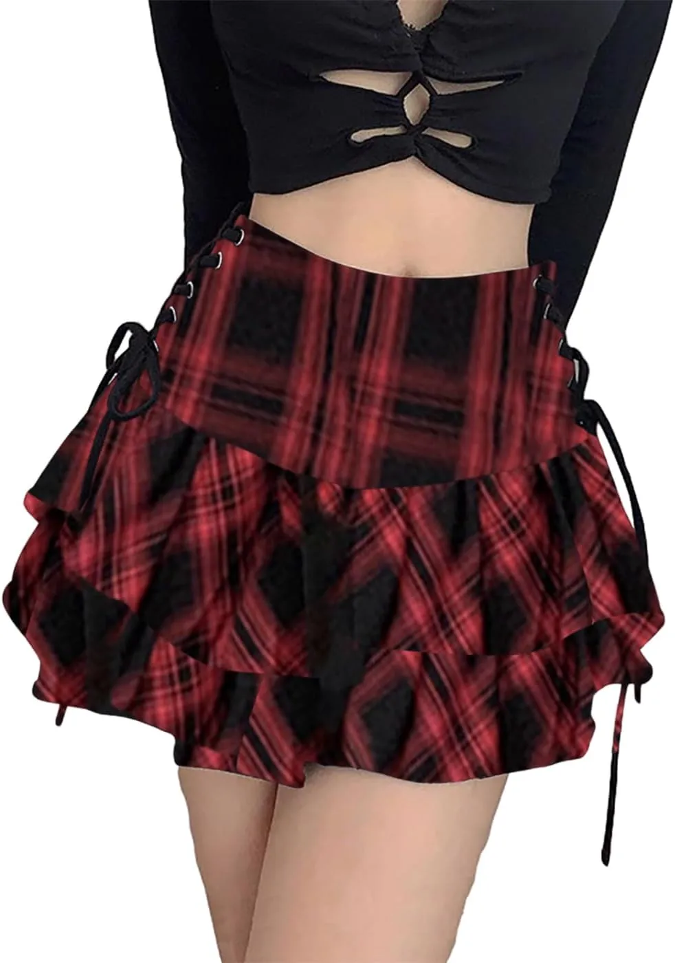 AULKEEP Womens Lace Up Skirts Goth Ruffle Mini Skirt Y2k Black High Waist Skirt Summer Punk Short Skirts