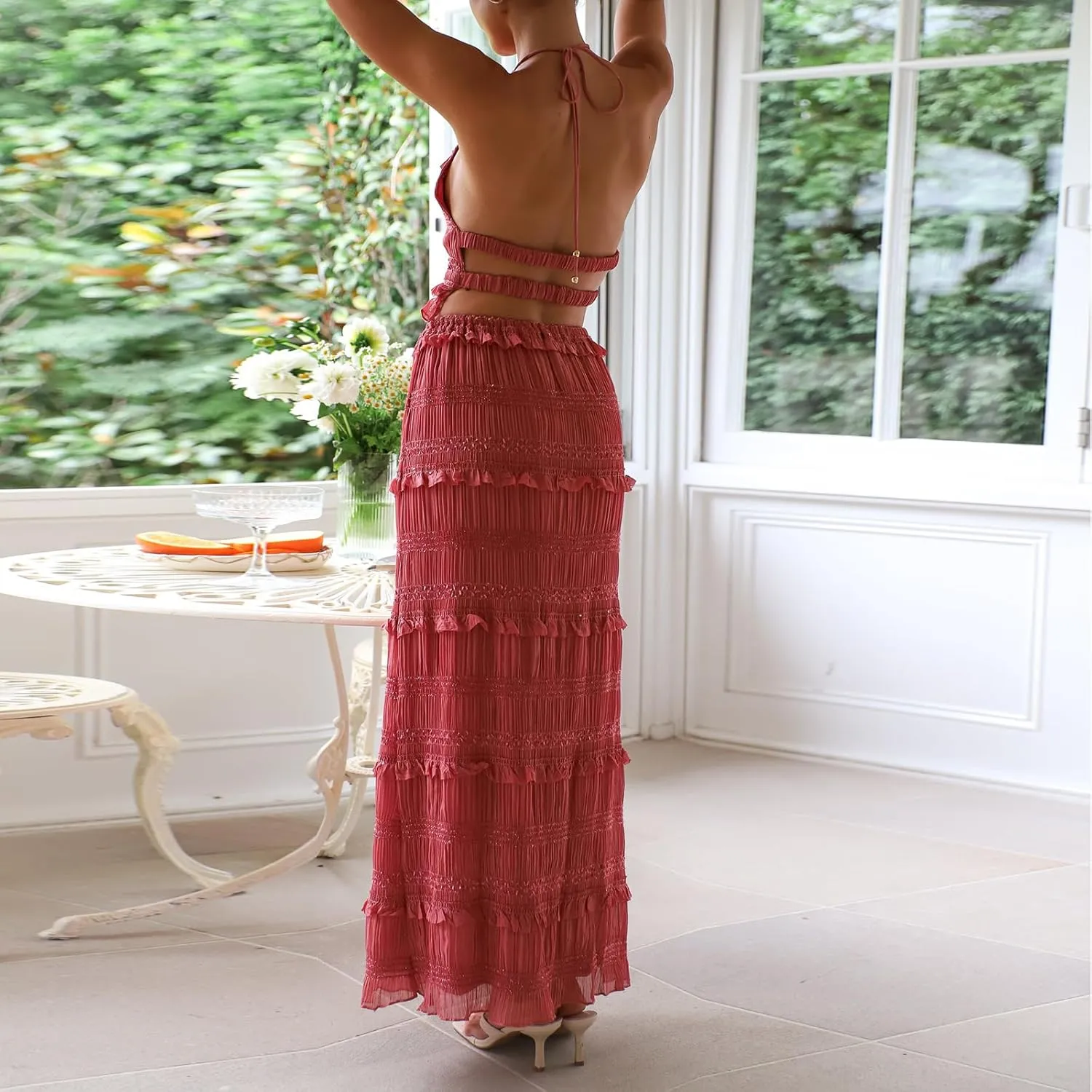 Awoscut Women Two Piece Maxi Skirt Set Halter Backless Crop Top and Flowy Ruffle Tiered Long Skirt Boho Vacation Outfits