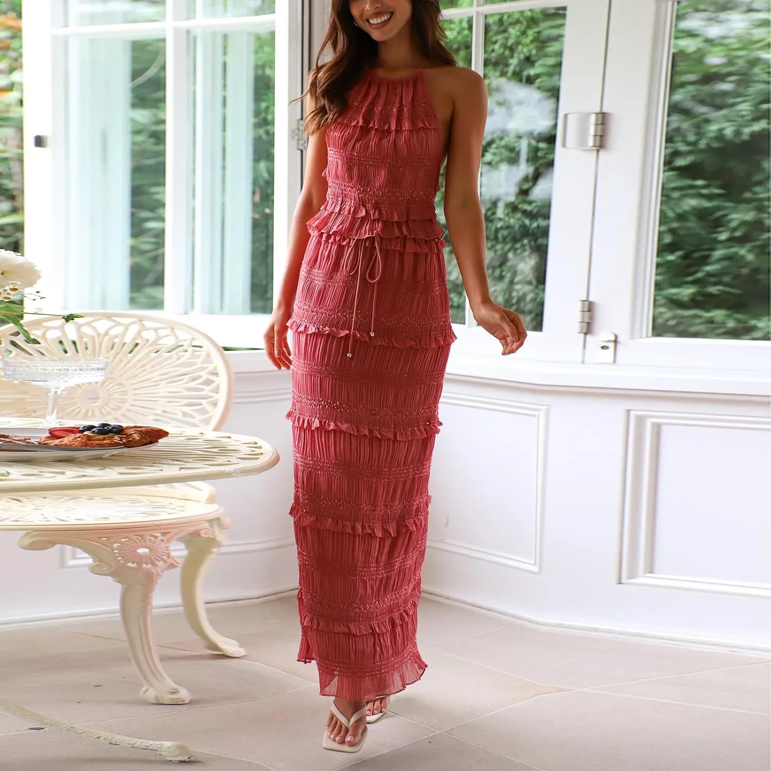 Awoscut Women Two Piece Maxi Skirt Set Halter Backless Crop Top and Flowy Ruffle Tiered Long Skirt Boho Vacation Outfits