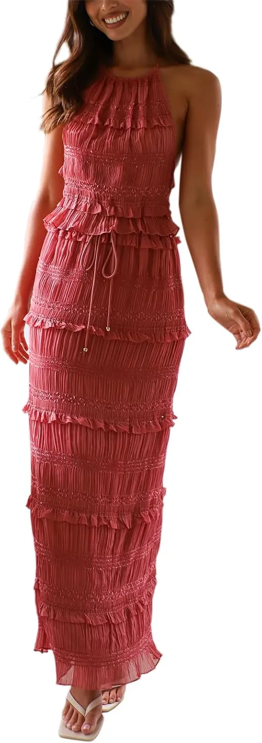 Awoscut Women Two Piece Maxi Skirt Set Halter Backless Crop Top and Flowy Ruffle Tiered Long Skirt Boho Vacation Outfits