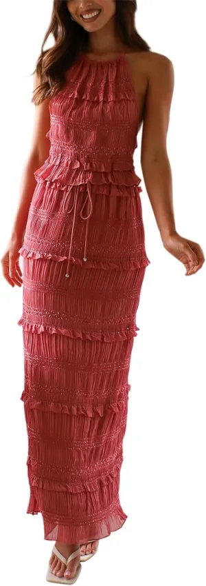 Awoscut Women Two Piece Maxi Skirt Set Halter Backless Crop Top and Flowy Ruffle Tiered Long Skirt Boho Vacation Outfits