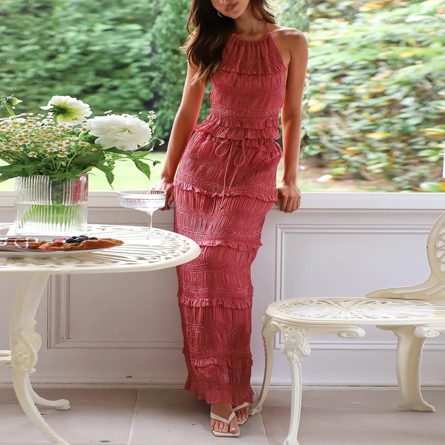 Awoscut Women Two Piece Maxi Skirt Set Halter Backless Crop Top and Flowy Ruffle Tiered Long Skirt Boho Vacation Outfits