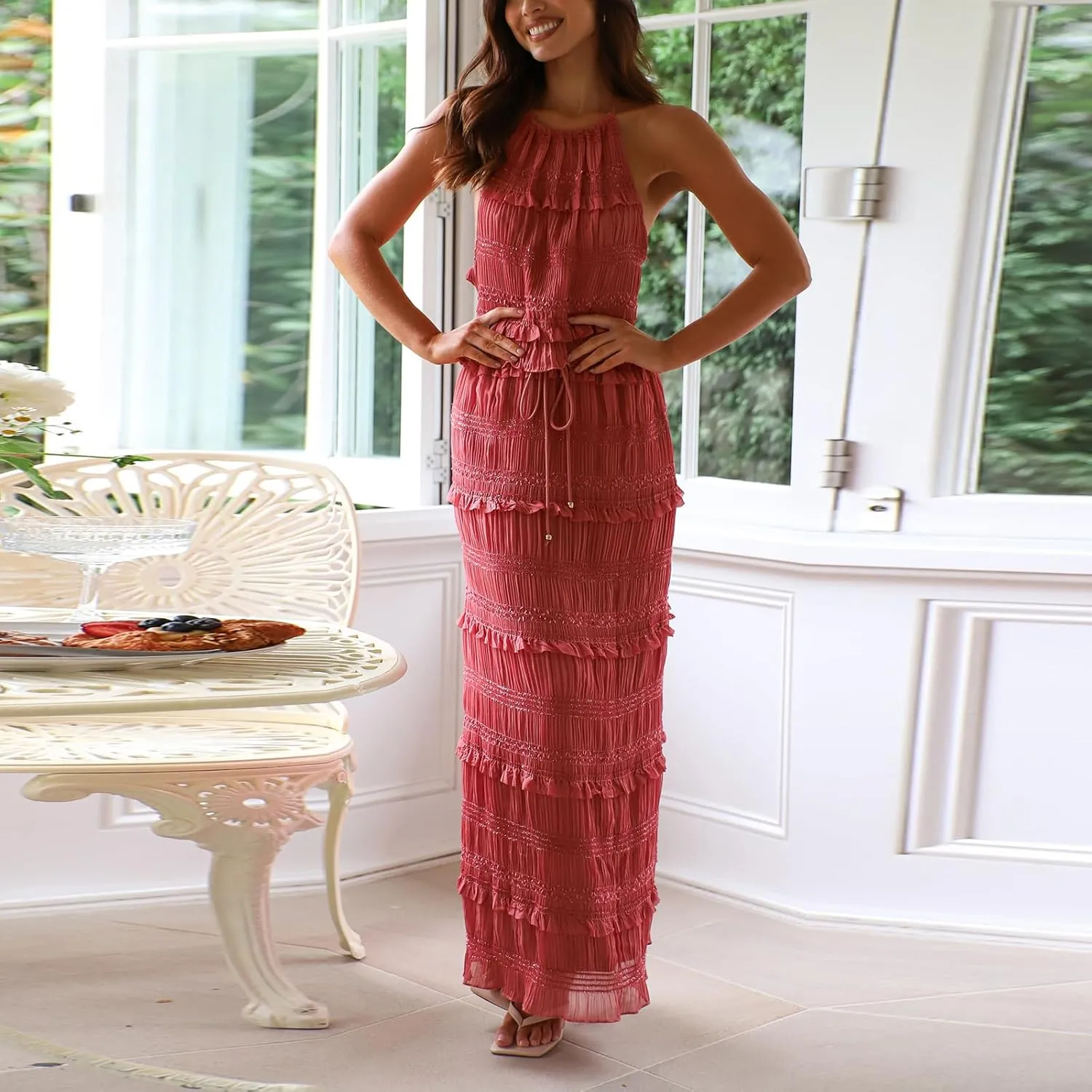 Awoscut Women Two Piece Maxi Skirt Set Halter Backless Crop Top and Flowy Ruffle Tiered Long Skirt Boho Vacation Outfits