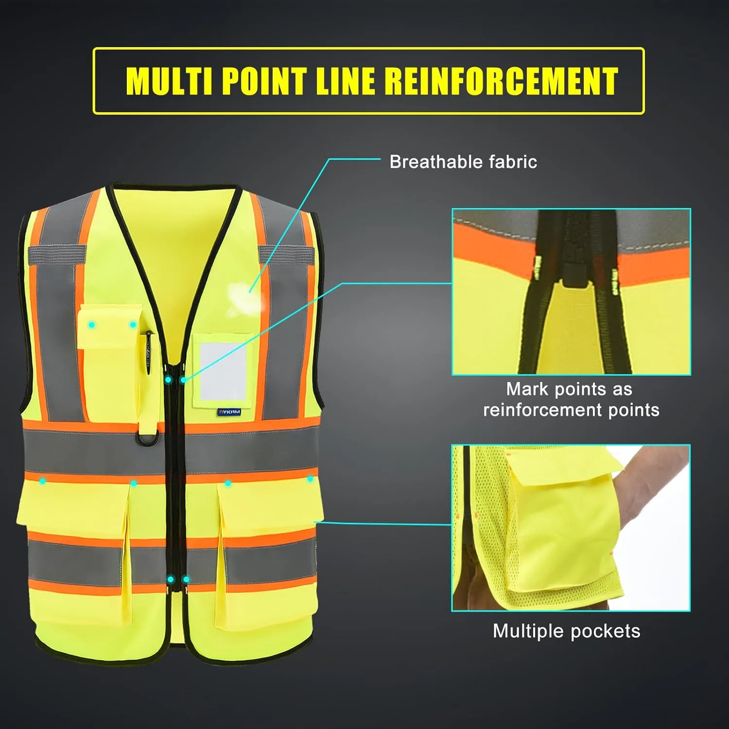 AYKRM Custom Logo Personalised Printed High Visibility Reflective 2 two tone work construction Safety Vest