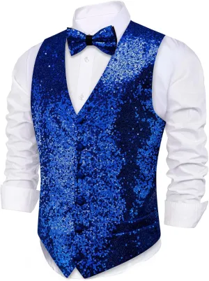 Barry.Wang Mens Sequins Vest Formal/Leisure V-neck Shiny Waistcoat Bowtie Set Prom Party Tuxedo