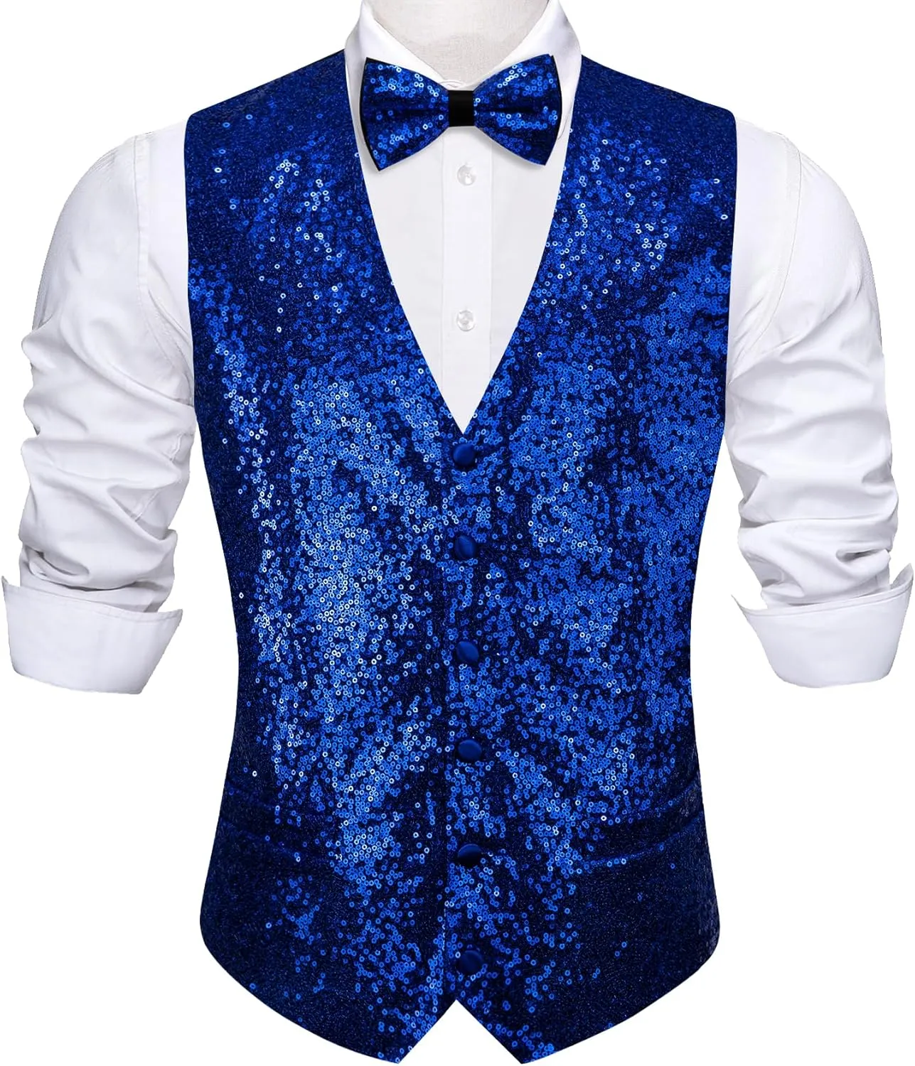 Barry.Wang Mens Sequins Vest Formal/Leisure V-neck Shiny Waistcoat Bowtie Set Prom Party Tuxedo