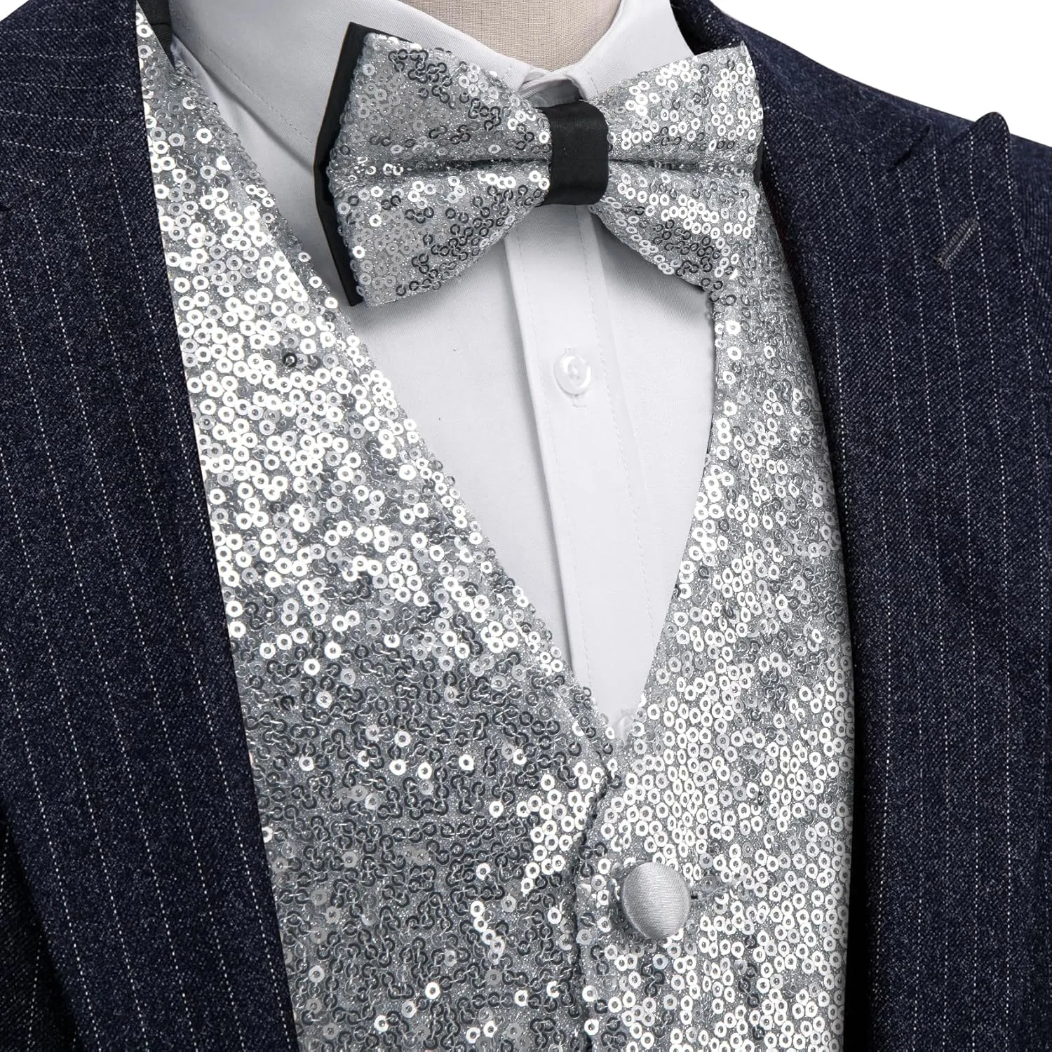 Barry.Wang Mens Sequins Vest Formal/Leisure V-neck Shiny Waistcoat Bowtie Set Prom Party Tuxedo