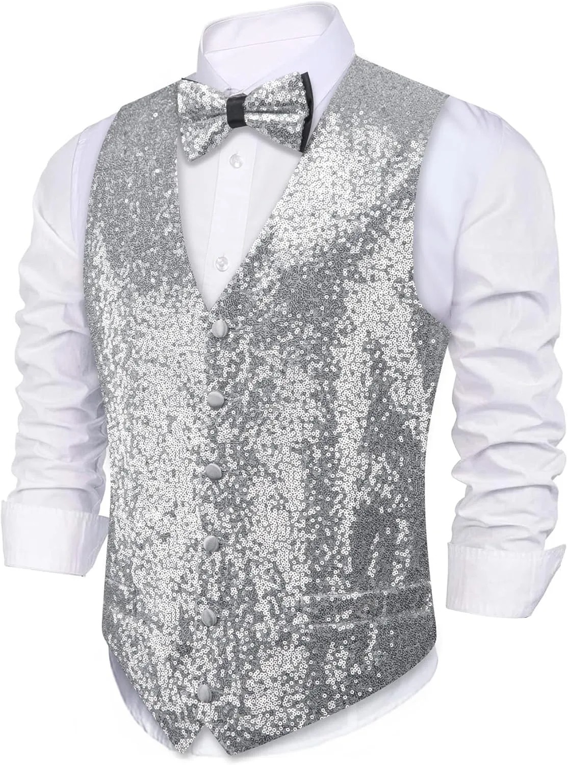 Barry.Wang Mens Sequins Vest Formal/Leisure V-neck Shiny Waistcoat Bowtie Set Prom Party Tuxedo
