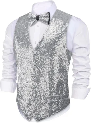 Barry.Wang Mens Sequins Vest Formal/Leisure V-neck Shiny Waistcoat Bowtie Set Prom Party Tuxedo