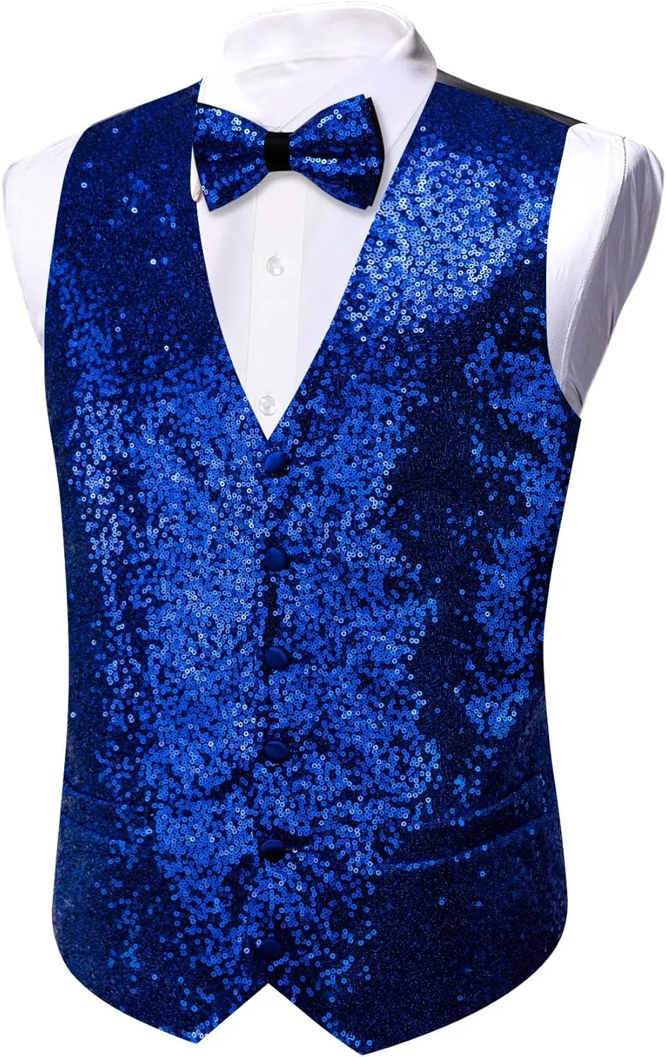 Barry.Wang Mens Sequins Vest Formal/Leisure V-neck Shiny Waistcoat Bowtie Set Prom Party Tuxedo