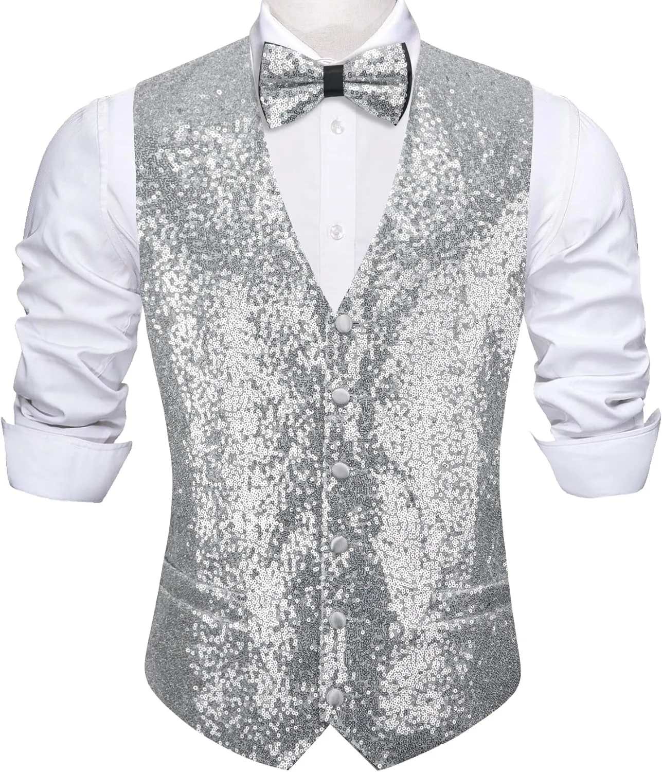 Barry.Wang Mens Sequins Vest Formal/Leisure V-neck Shiny Waistcoat Bowtie Set Prom Party Tuxedo