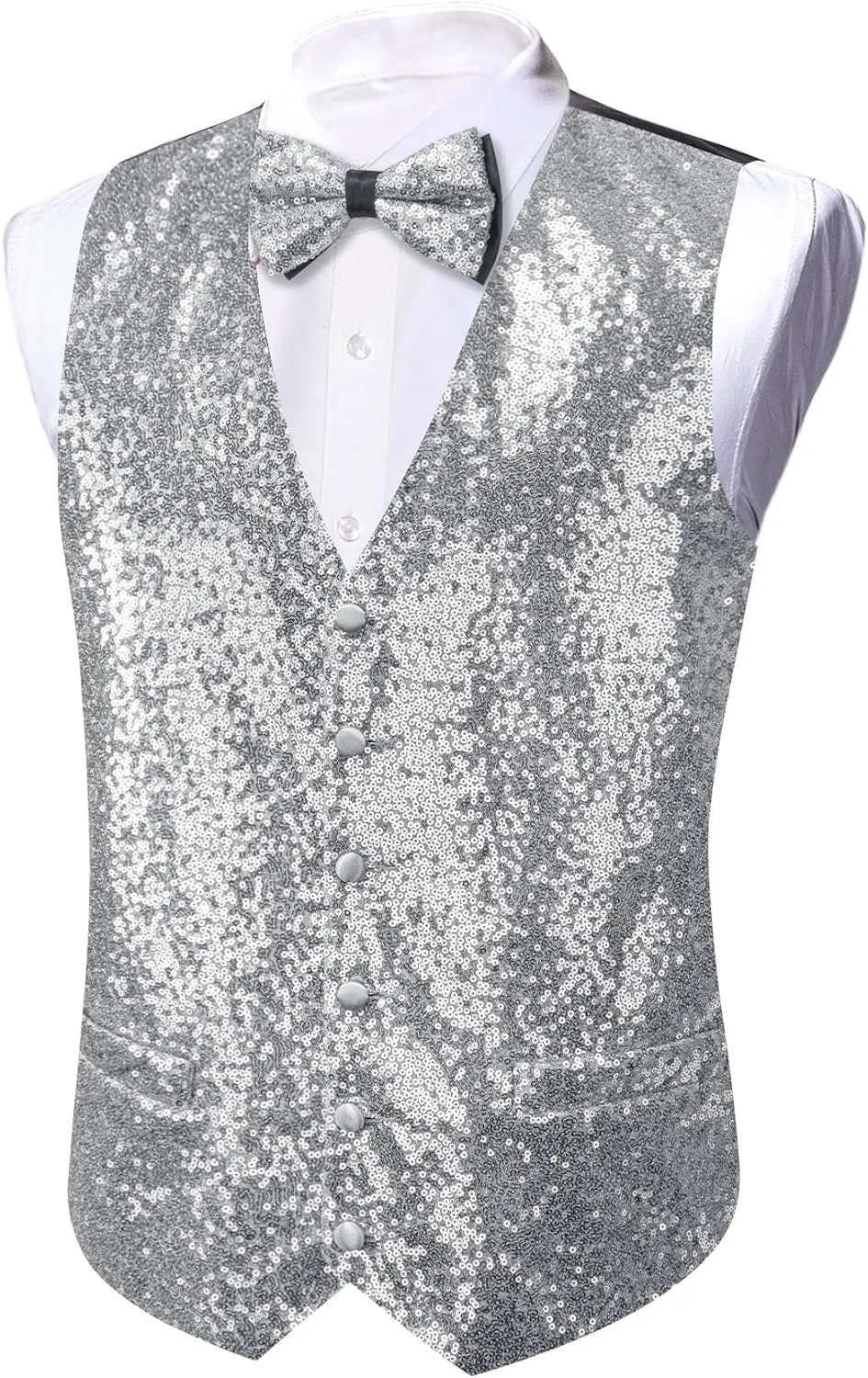 Barry.Wang Mens Sequins Vest Formal/Leisure V-neck Shiny Waistcoat Bowtie Set Prom Party Tuxedo