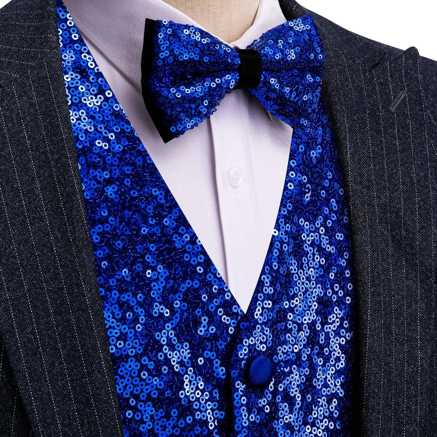 Barry.Wang Mens Sequins Vest Formal/Leisure V-neck Shiny Waistcoat Bowtie Set Prom Party Tuxedo