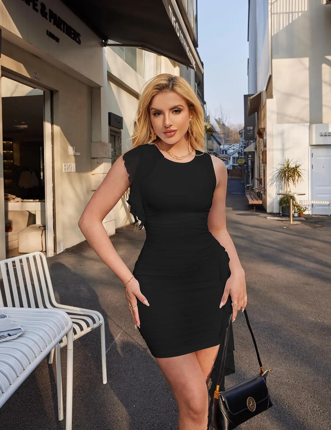 BEAGIMEG Women's Sexy Bodycon Sleeveless Ruffle Mesh Club Cocktail Party Mini Dress