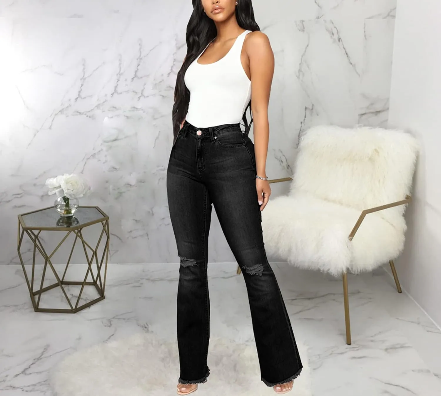 Bell Bottom Jeans for Women Skinny Flared Jeans Elastic High Waisted Vintage 70s Classic Stretchy Wide Leg Denim Pants