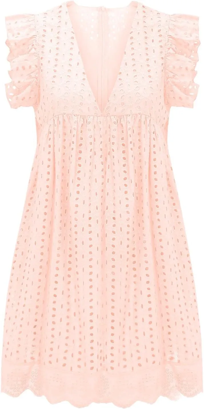 Boho Dresses for Women 2024 V Neck Sleeveless Sun Dress Hollow Out Ruffle Hem Mini Dress Vacation Summer Dresses