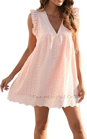 Boho Dresses for Women 2024 V Neck Sleeveless Sun Dress Hollow Out Ruffle Hem Mini Dress Vacation Summer Dresses