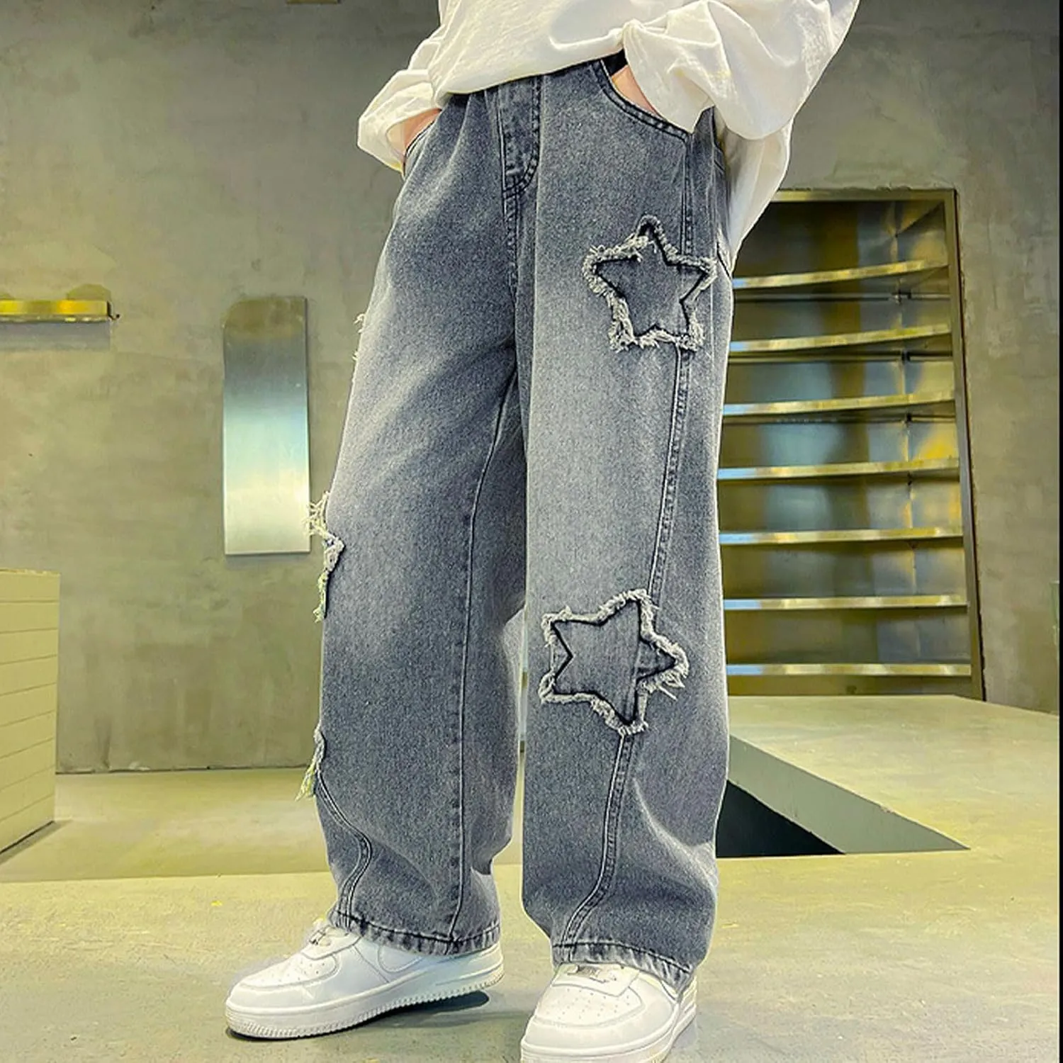 Boy's Cute Star Baggy Denim Pants Elastic Waist Pull On Jeans Straight Wide Leg Jeans for Teen Boys 8-14 Years