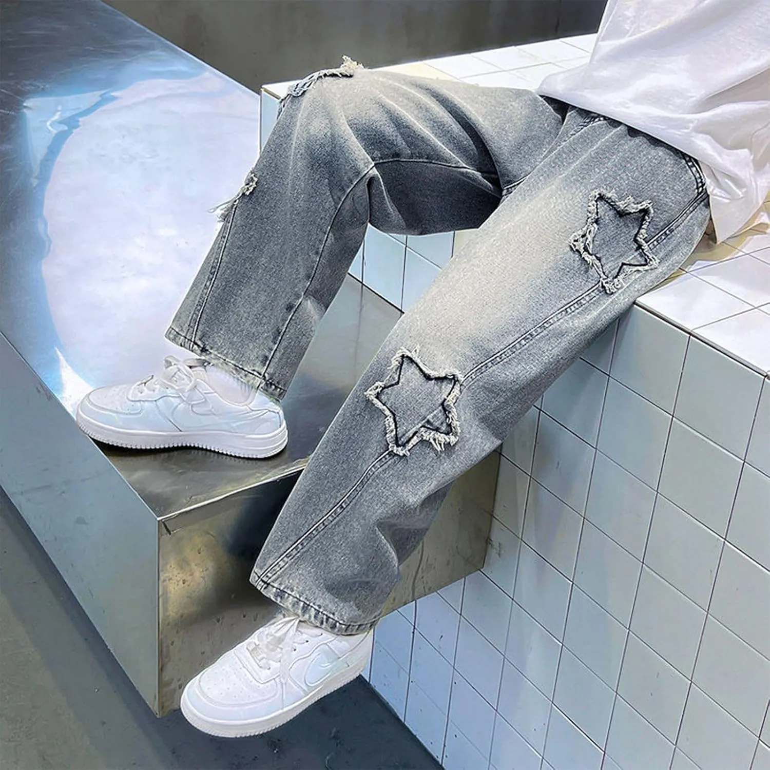 Boy's Cute Star Baggy Denim Pants Elastic Waist Pull On Jeans Straight Wide Leg Jeans for Teen Boys 8-14 Years