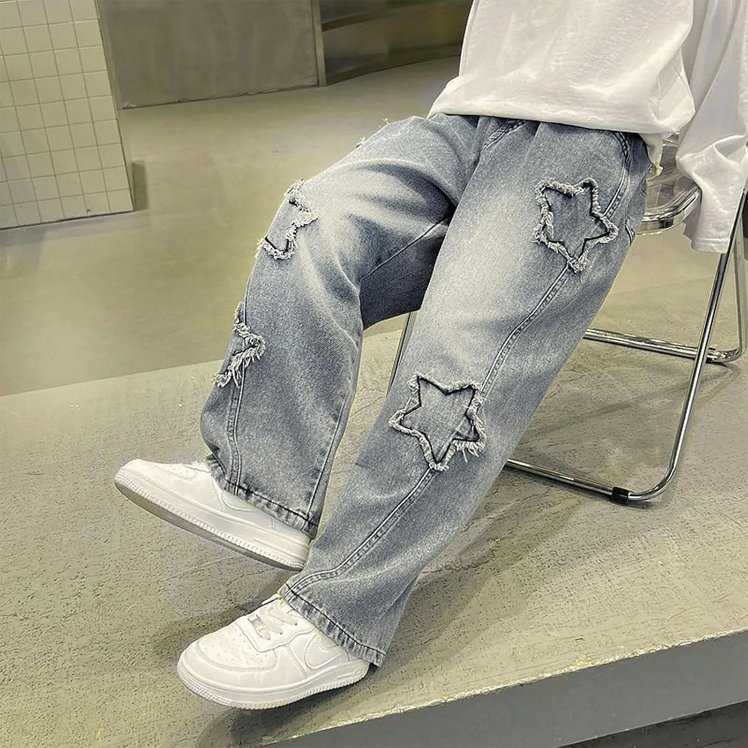 Boy's Cute Star Baggy Denim Pants Elastic Waist Pull On Jeans Straight Wide Leg Jeans for Teen Boys 8-14 Years
