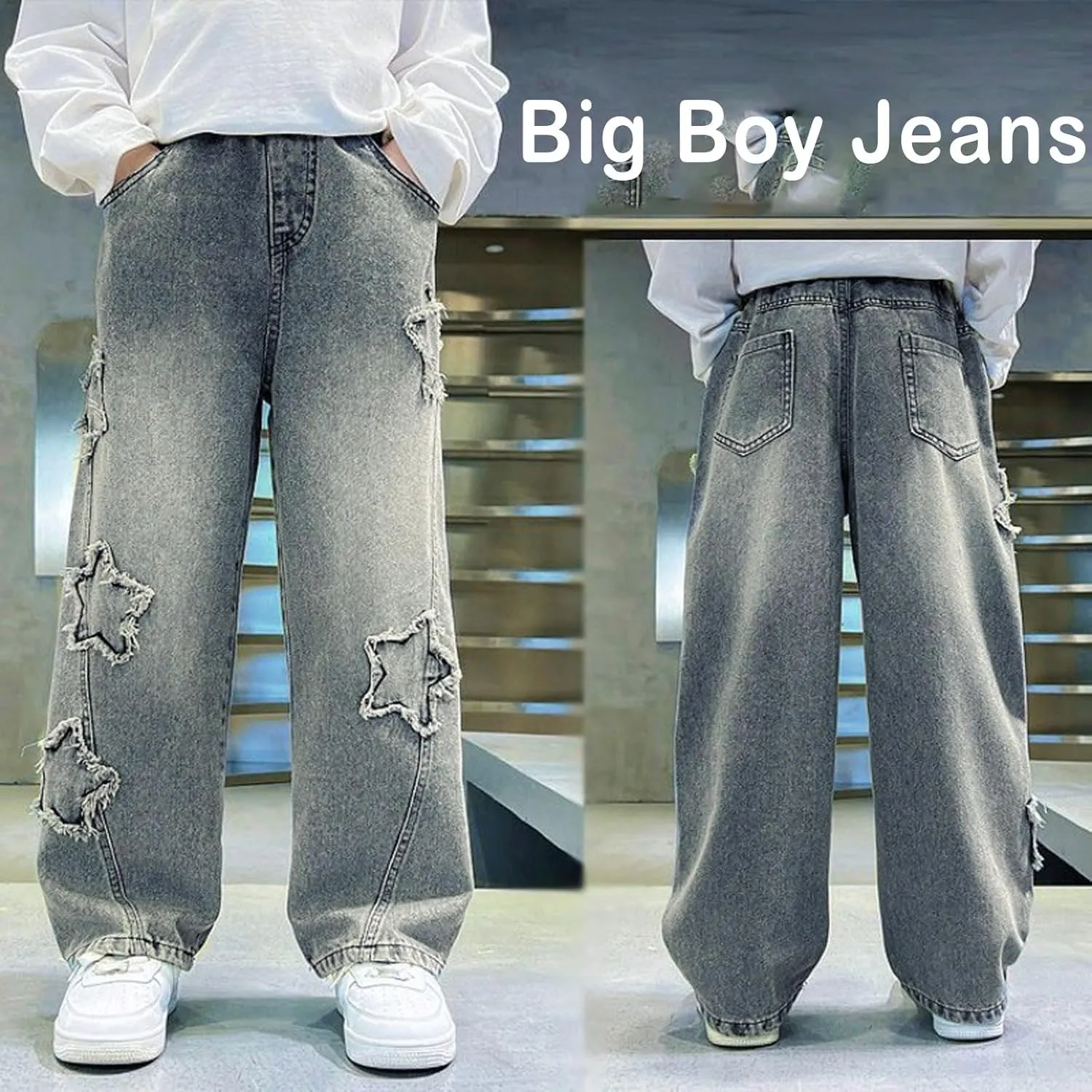 Boy's Cute Star Baggy Denim Pants Elastic Waist Pull On Jeans Straight Wide Leg Jeans for Teen Boys 8-14 Years