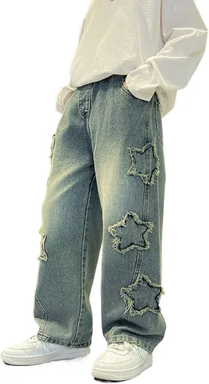 Boy's Cute Star Baggy Denim Pants Elastic Waist Pull On Jeans Straight Wide Leg Jeans for Teen Boys 8-14 Years