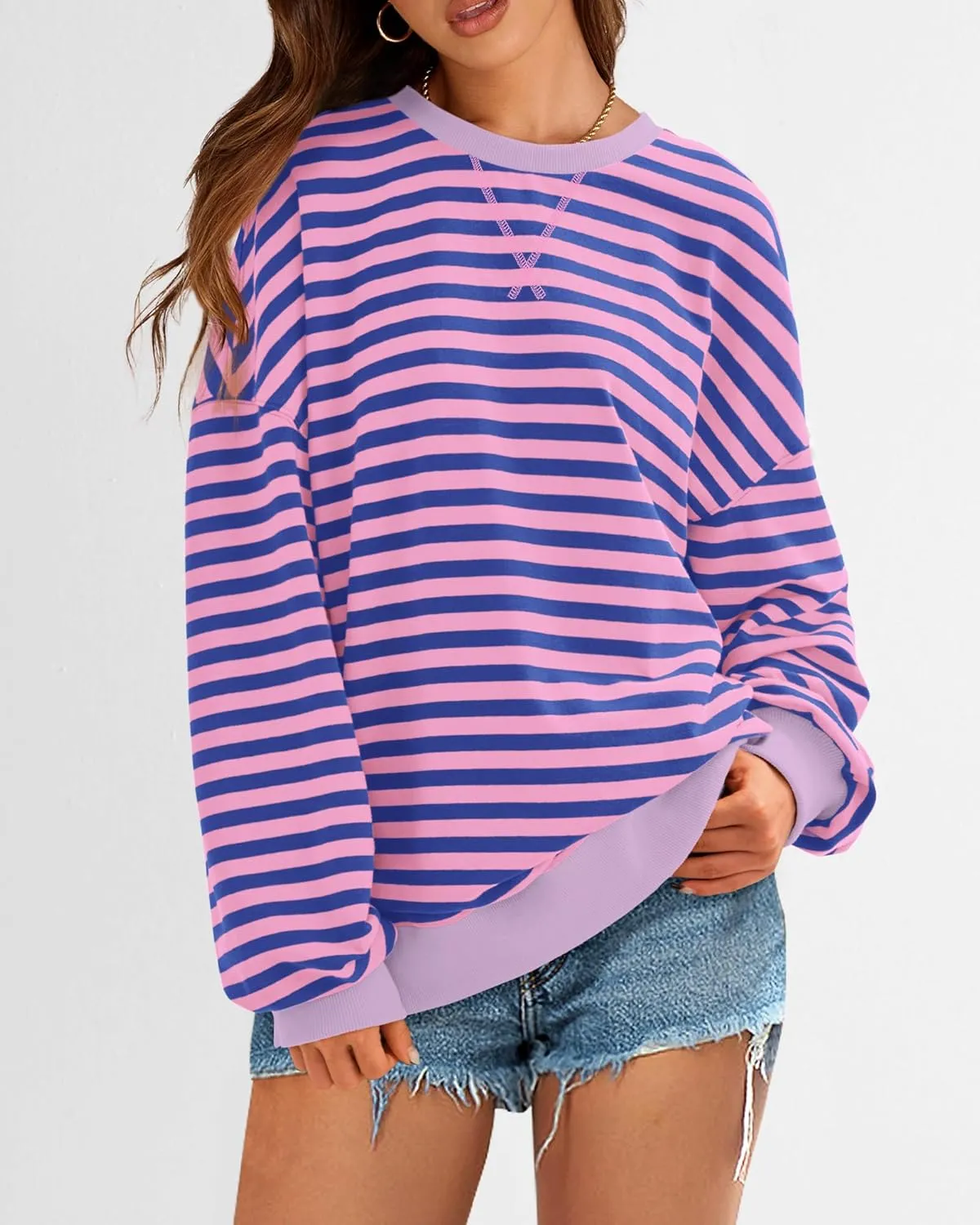 BTFBM Womens Striped Pullover Tops Spring Fall Clothes 2025 Long Sleeve Shirts Trendy Crew Neck Loose Y2K Sweatshirts
