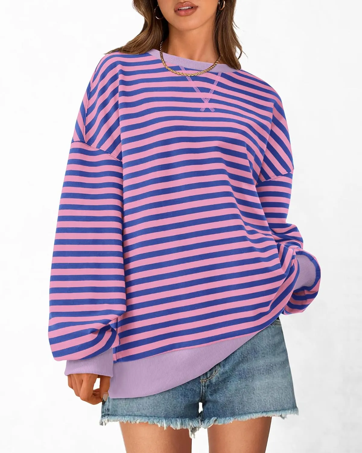BTFBM Womens Striped Pullover Tops Spring Fall Clothes 2025 Long Sleeve Shirts Trendy Crew Neck Loose Y2K Sweatshirts
