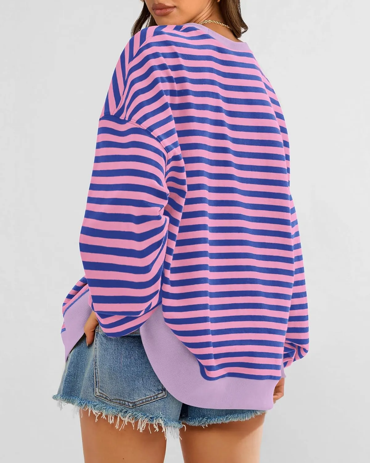 BTFBM Womens Striped Pullover Tops Spring Fall Clothes 2025 Long Sleeve Shirts Trendy Crew Neck Loose Y2K Sweatshirts
