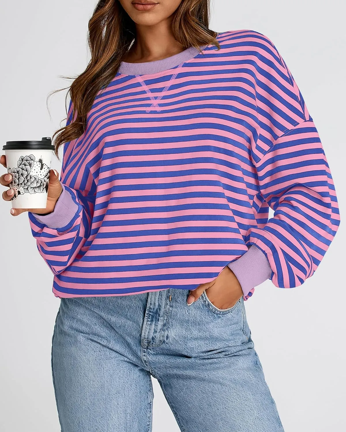 BTFBM Womens Striped Pullover Tops Spring Fall Clothes 2025 Long Sleeve Shirts Trendy Crew Neck Loose Y2K Sweatshirts