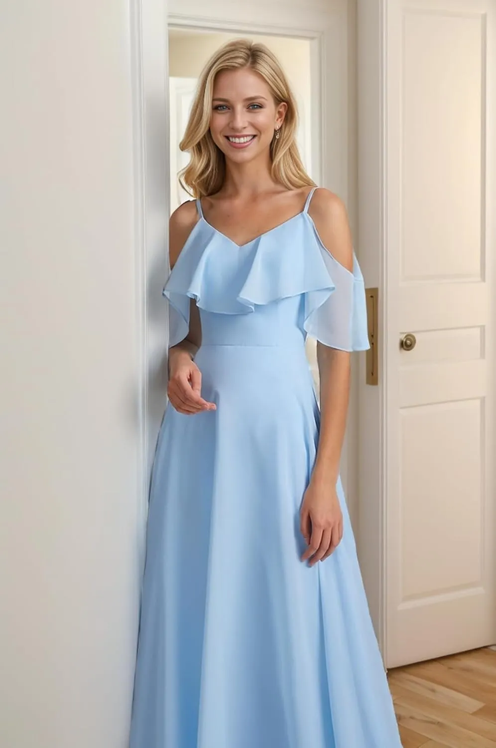Cadoly Chiffon A-Line Bridesmaid Dresses for Women 2024 Long Ruffle Sleeve Cold Shoulder Formal Dress