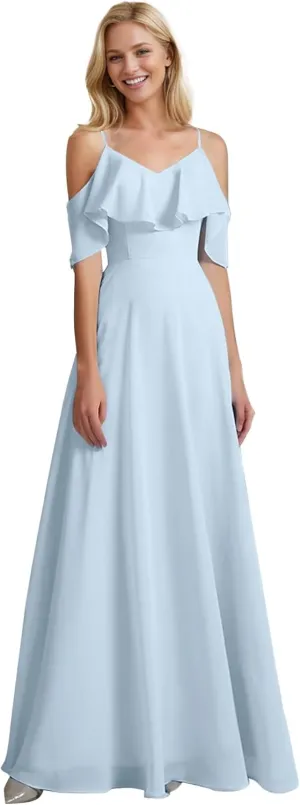 Cadoly Chiffon A-Line Bridesmaid Dresses for Women 2024 Long Ruffle Sleeve Cold Shoulder Formal Dress