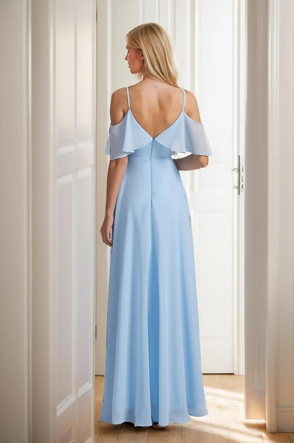 Cadoly Chiffon A-Line Bridesmaid Dresses for Women 2024 Long Ruffle Sleeve Cold Shoulder Formal Dress