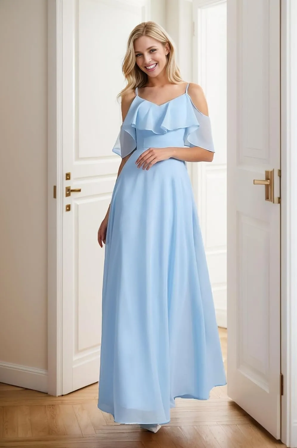Cadoly Chiffon A-Line Bridesmaid Dresses for Women 2024 Long Ruffle Sleeve Cold Shoulder Formal Dress