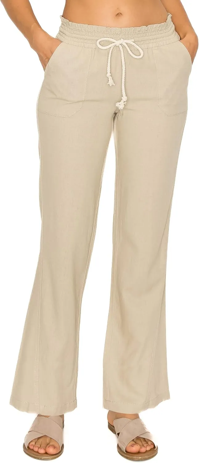 Cali1850 Women's Casual Linen Pants - 29", 32" Oceanside Drawstring Smocked Waist Beach Lounge Trousers with Pockets