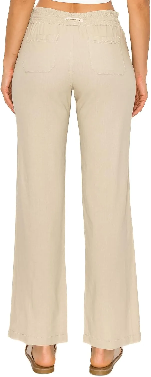Cali1850 Women's Casual Linen Pants - 29", 32" Oceanside Drawstring Smocked Waist Beach Lounge Trousers with Pockets