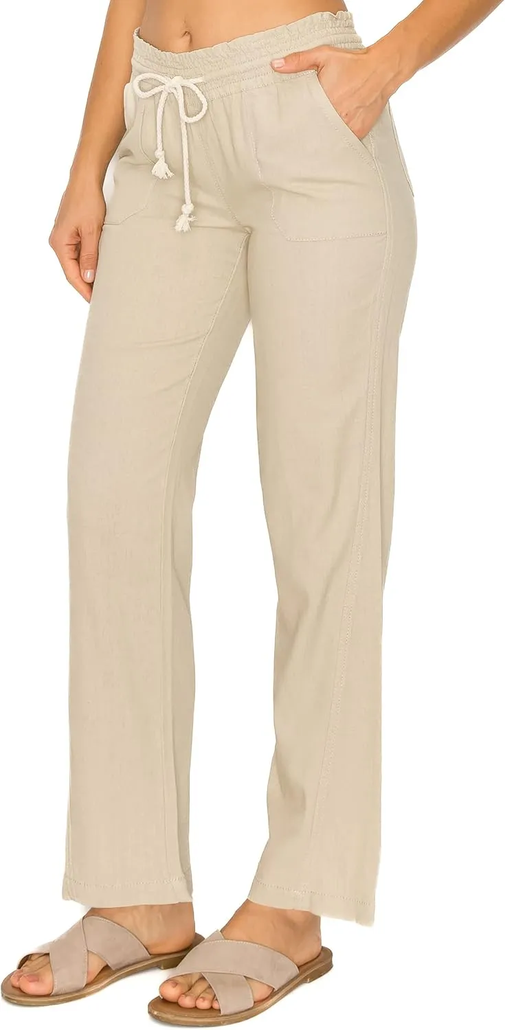 Cali1850 Women's Casual Linen Pants - 29", 32" Oceanside Drawstring Smocked Waist Beach Lounge Trousers with Pockets