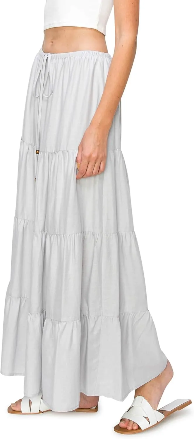Cali1850 Women's XS~XL Lined Tiered Elastic Waist Linen Flare Maxi Skirt