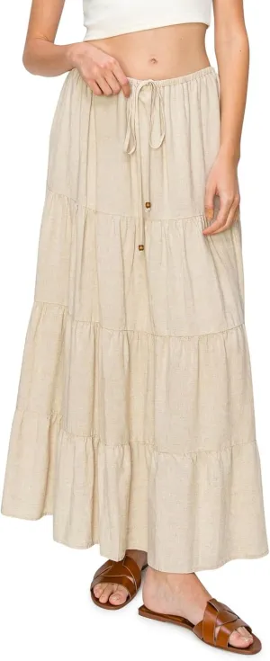 Cali1850 Women's XS~XL Lined Tiered Elastic Waist Linen Flare Maxi Skirt