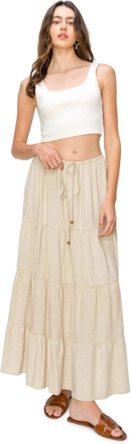 Cali1850 Women's XS~XL Lined Tiered Elastic Waist Linen Flare Maxi Skirt