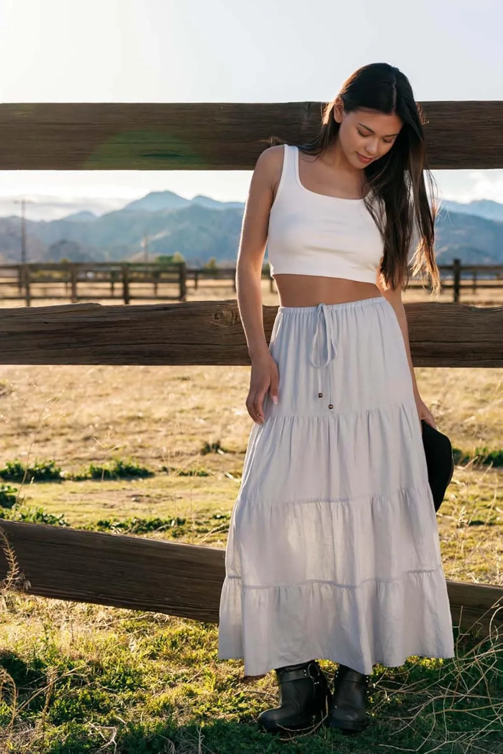 Cali1850 Women's XS~XL Lined Tiered Elastic Waist Linen Flare Maxi Skirt