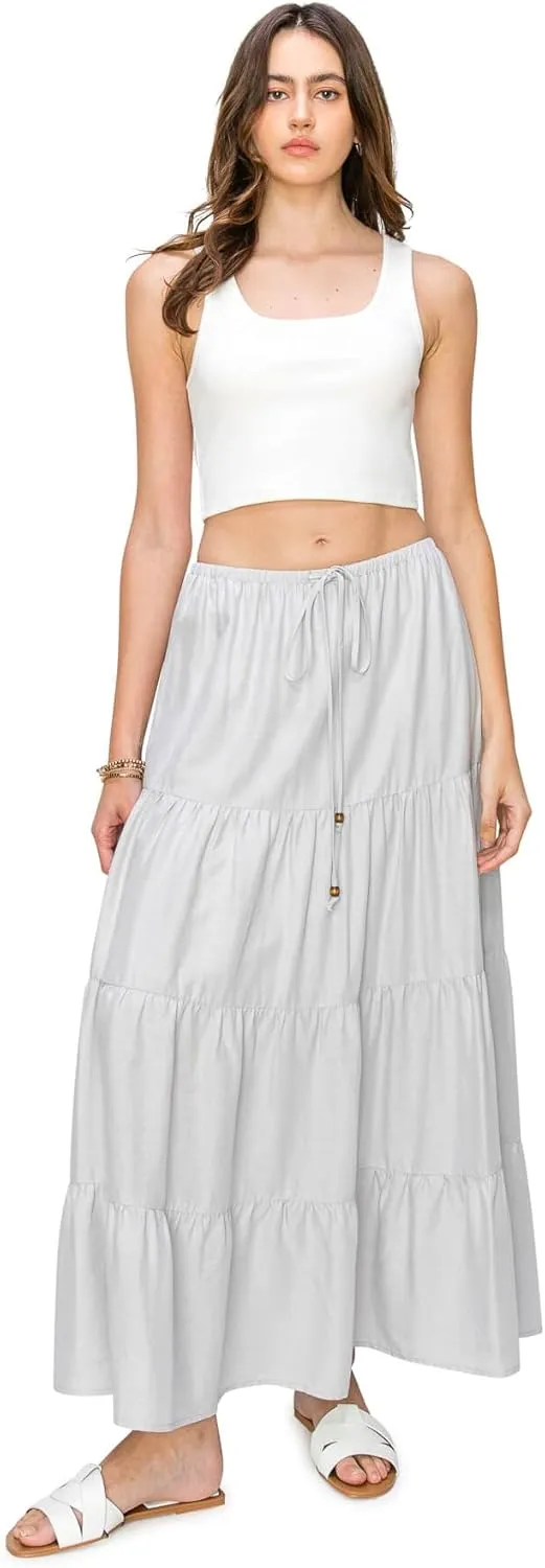 Cali1850 Women's XS~XL Lined Tiered Elastic Waist Linen Flare Maxi Skirt