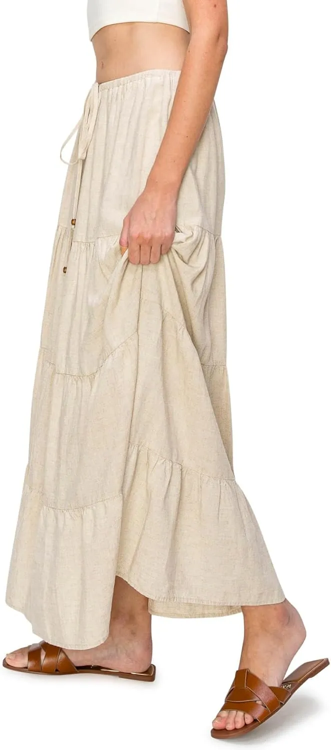 Cali1850 Women's XS~XL Lined Tiered Elastic Waist Linen Flare Maxi Skirt