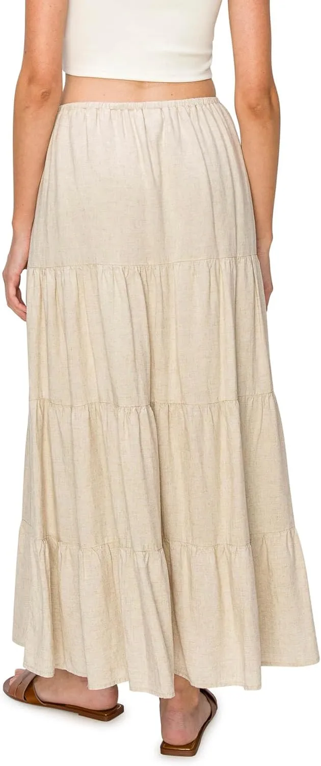 Cali1850 Women's XS~XL Lined Tiered Elastic Waist Linen Flare Maxi Skirt