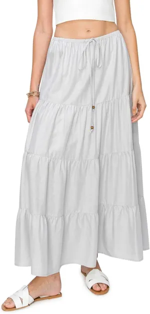 Cali1850 Women's XS~XL Lined Tiered Elastic Waist Linen Flare Maxi Skirt